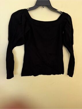 Cable Stitch Black Puff-Sleeve Ribbed Long-Sleeve Top Size Large